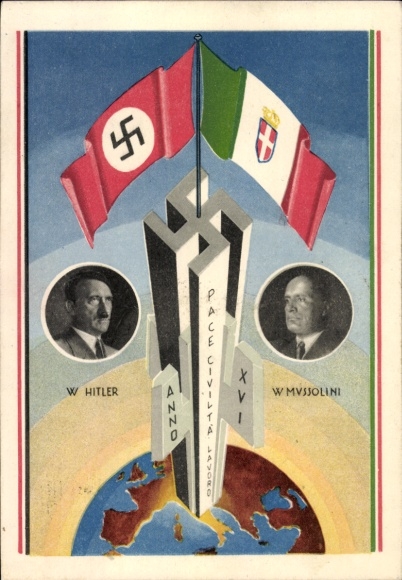 Ak Adolf Hitler, Benito Mussolini, Achse Berlin Rom, Weltkugel, Fahnen, Staatstreffen 1938