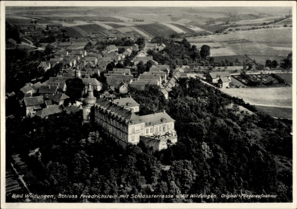 Postcard Bad Wildungen in Hesse, Friedrichstein Castle, aerial photograph, idyllic surroundings, architect