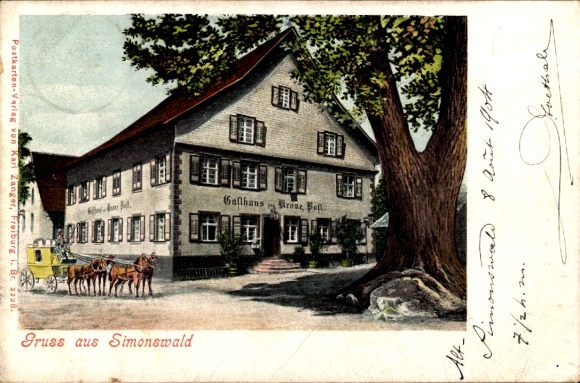 Postcard Simonswald in the Black Forest, Gasthaus zur Krone, stagecoach