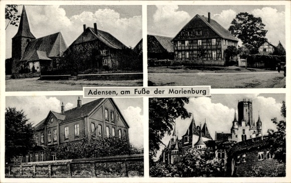 Postcard Adensen Nordstemmen Lower Saxony, at the foot of the Marienburg, four pictures of the city
