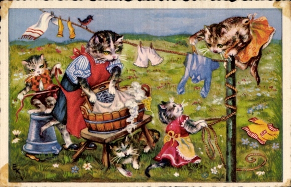 Artist Postcard Domestic cats doing laundry, mother, children, clothes
