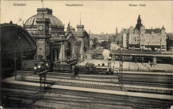 Ak Dresden Altstadt Seevorstadt, Hauptbahnhof, Gleisansicht, Kaiser-Café