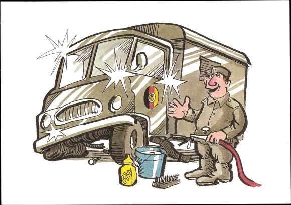 Artist Postcard Muzeniek, Peter, NVA, National People's Army, soldier washes truck with broken wheel