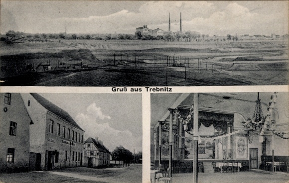 Ak Trebnitz Merseburg an der Saale, Gruß aus  Landschaft mit Fabrik, Innenansicht eines Saales