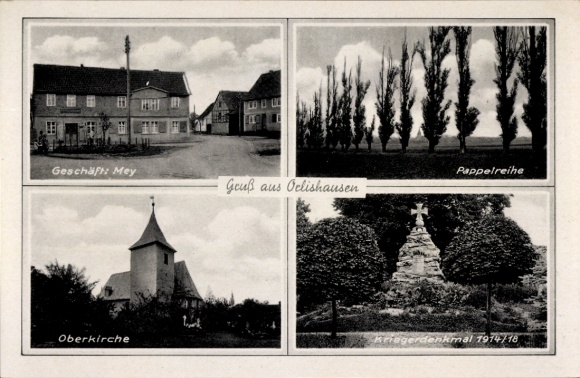 Postcard Orlishausen Sömmerda in Thuringia, Mey shop, war memorial, upper church