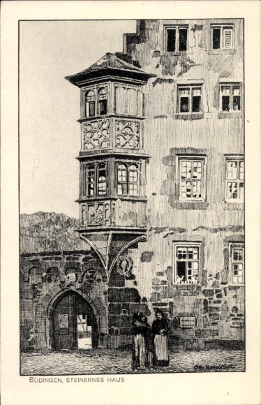 Postcard Büdingen in Hessen, Stone House, historical building, complex architecture, two people