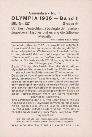 Collector's card Olympia 1936, wrestler Schäfer against Fischer