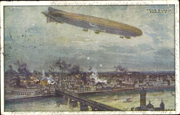 Artist Postcard Schulze, Hans Rudolf, Zeppelin, airship Schütte Lanz, bombing Warsaw, I. WK