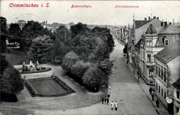 Ak Crimmitschau in Sachsen, Bismarckhain, Leipzigerstraße, Park, Gebäude, Menschen