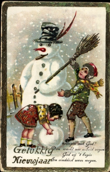 Ak Glückliches Neujahr, Kinder bauen einen Schneemann