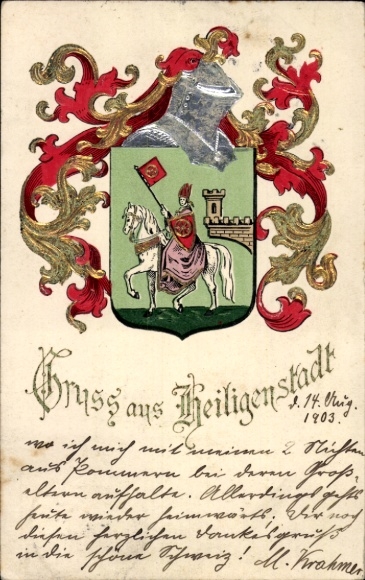 Wytłoczony herb KP Heilbad Heiligenstadt Eichsfeld Turyngia, herb miasta, biskup jadący na koniu
