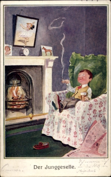 Artist Postcard smoking bachelor on the armchair with cigarette