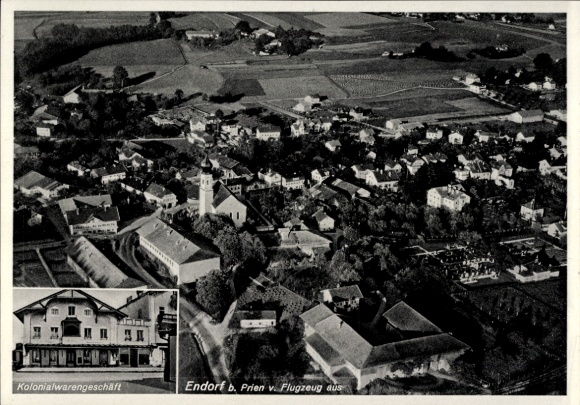 Postcard Bad Endorf in Chiemgau Upper Bavaria, aerial photograph, grocery store