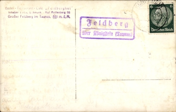 stempel pocztowy Feldberg nad Königstein Taunus, na pocztówce, 14 sierpnia 1940 r.