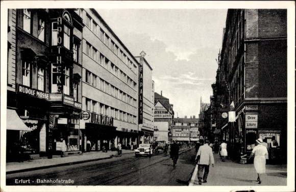 Postcard Erfurt in Thuringia, Bahnhofstraße, shops, street view, Rudolf Mosse