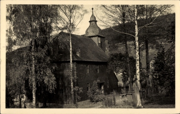 Postcard Stützerbach Ilmenau Thuringian Forest, historical building in the forest, church tower, graves in the foreground