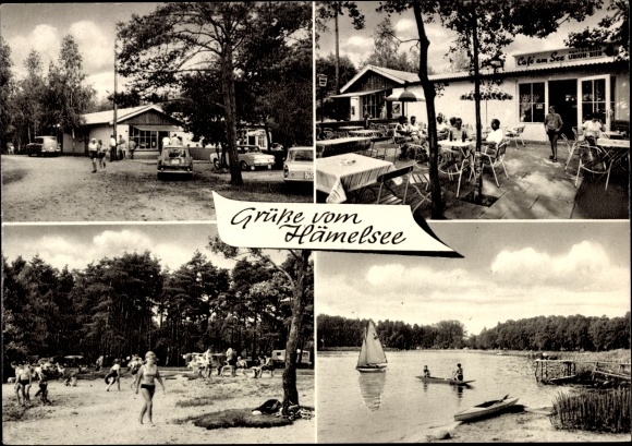 Postcard Heemsen in Lower Saxony, campsite on Hämelsee, tents, caravans, jetty, inh. Dietrich Lutze