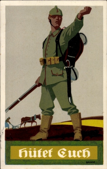 Künstler Ak Hütet euch, Deutscher Soldat, I. WK, Pflügender Bauer
