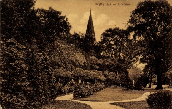 Postcard Berlin Reinickendorf Wittenau, village meadow, church tower