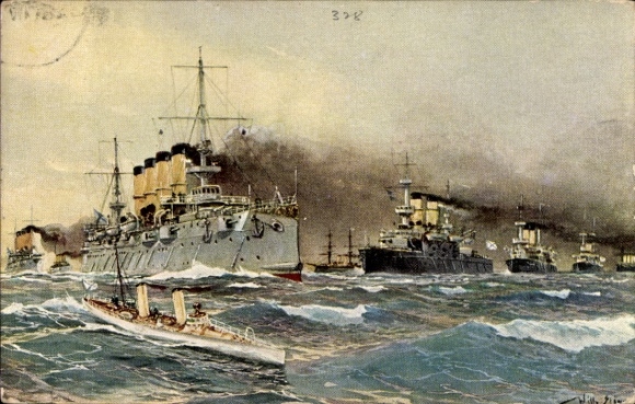 Artist Postcard Stöwer, Willy, Russian warships approaching, WWI