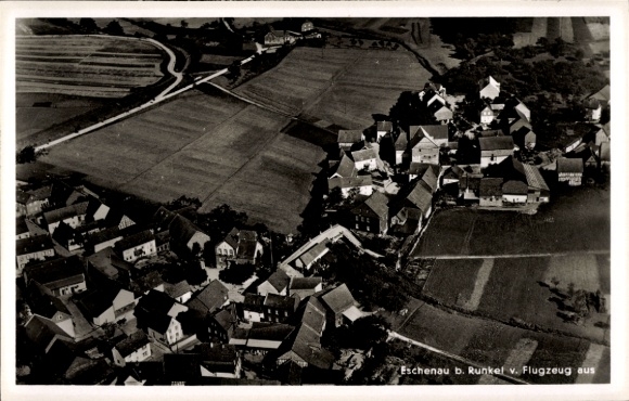 Postcard Eschenau Runkel an der Lahn, aerial view of a village, many houses, agricultural areas