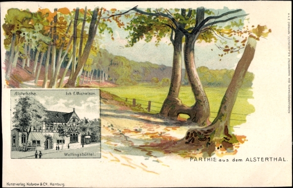 litho Hamburg Wandsbek Wellingsbüttel, kavel uit het Alstertal, Alsterhöhe
