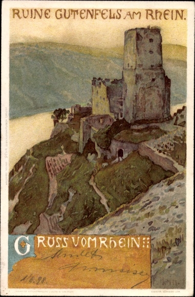 Kunstenaarskaart Hein, Franz, Kaub am Rhein, Gutenfels-ruïnes met landschap