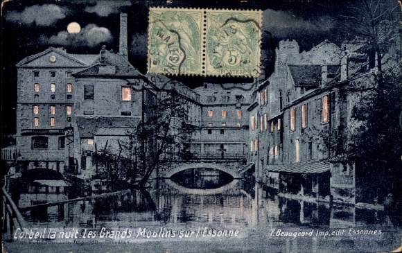 Mondschein Ak Corbeil Essonne, Les Grands Moulins sur Essonne