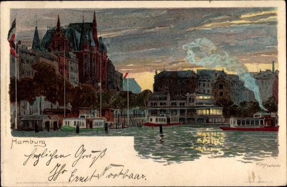 Kunstenaar litho Kley, Hamburg, avondstemming, aanlegplaats voor de Alster-boten