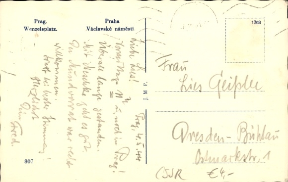 Postcard Praha Prague Czech Republic, Wenceslas Square, tram