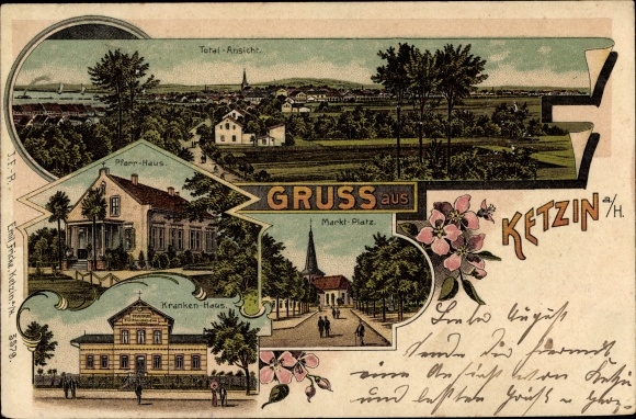 Chromo-Litho Ketzin an der Havel, market square, panorama, rectory, hospital