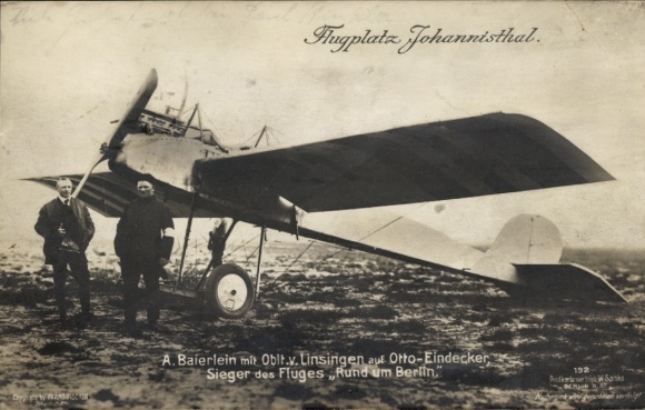 Postcard Berlin Treptow Johannisthal, airfield, Otto-Eindecker, A. Baierlein, Generaloberst von Linsingen