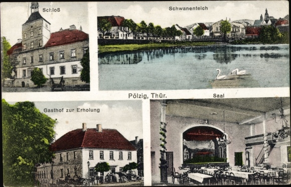 Postcard Pölzig in Thuringia, castle, swan pond, inn for recreation, hall