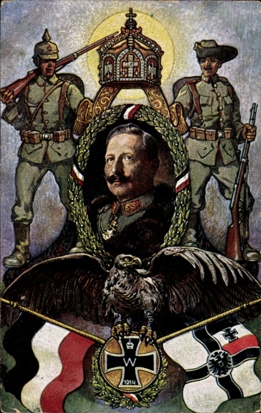 Artist Postcard Kaiser Wilhelm II., colonial war thanks, soldiers, flags, eagle
