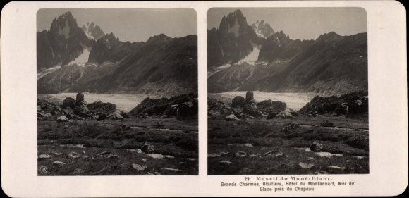 Stereo Photo Mont Blanc Massif Haute Savoie, Grands Charmoz, Hotel du Montanvert, Mer de Glace