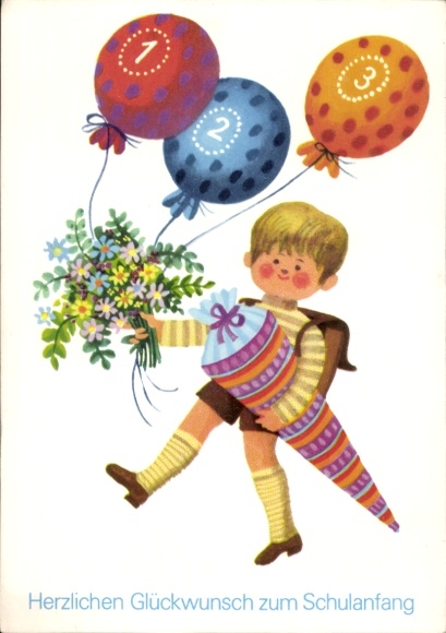 Postcard congratulations back to school, candy cone, boy