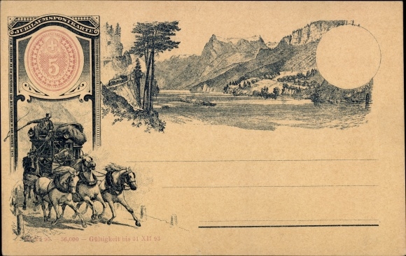 Voorloper litho postkoets, bergen, meer, jubileumkaart, geldig tot 31 december 1893