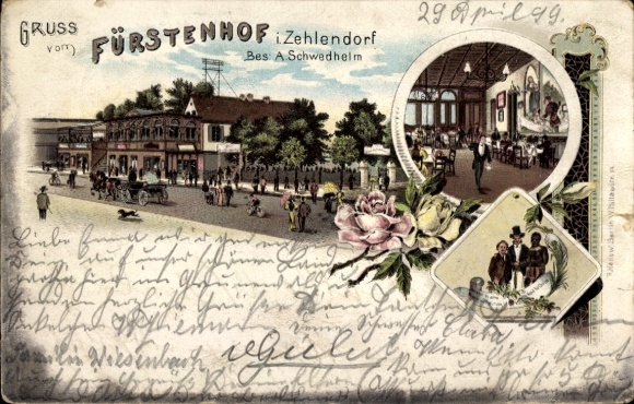 Litho Berlin Zehlendorf, Gasthaus Fürstenhof, Inh. A. Schwedhelm, Straßenansicht, Gastraum, Gäste