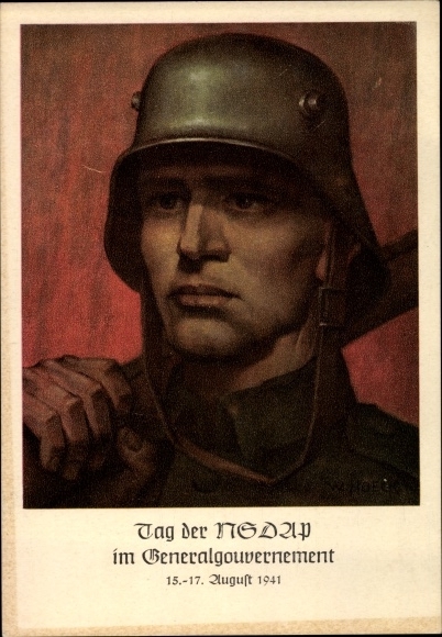 Artist PC Hoeck, W., German soldier, Wehrmacht, steel helmet, NSDAP day, Generalgouvernement
