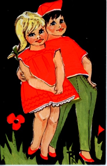 Artist Postcard Two Children, Poppy, Red Dress