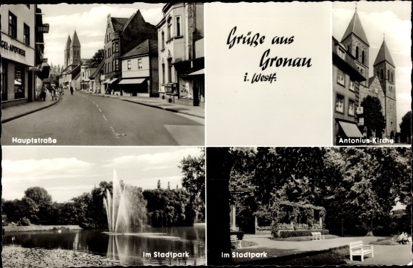 Ak Gronau in Westfalen, Antonius Kirche, Stadtpark, Hauptstraße