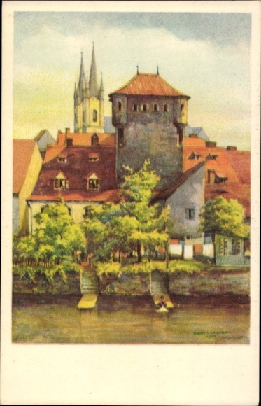 Artist Postcard Cheb Eger Region Karlovy Vary, partial view, medieval tower