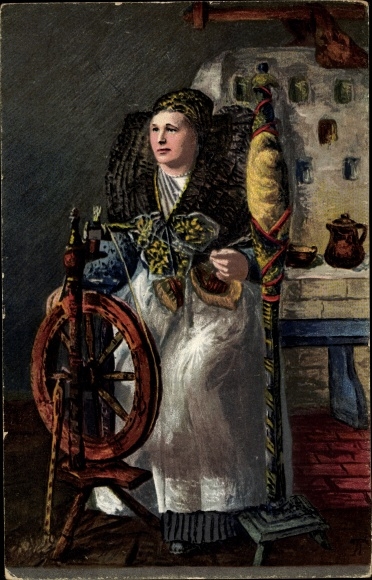 Postcard Silesian traditional costumes, Silesian farmer's wife at the spinning wheel