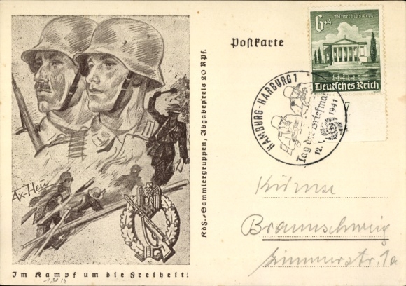 Postal stationery artist Postcard v. Axster Heudtlaß, W., In the fight for freedom, Wehrmacht, hand grenade