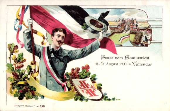 Litho Vallendar am Rhein, Turnfest, 8.-10. August 1903, Turner mit Fahne, Jahnkreuz