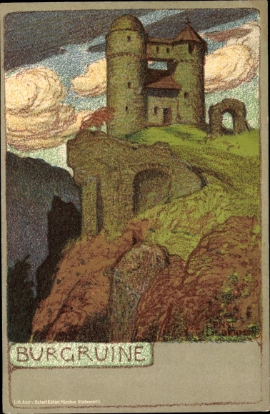 Artist Chromo-Litho Liebermann, Ernst, castle ruins, landscape
