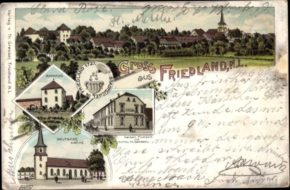 Litho Friedland in der Niederlausitz, Gesamtansicht, Rathaus, Postamt, Deutsche Kirche