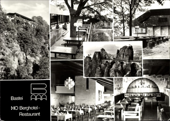 Postcard Lohmen in the Elbe Sandstone Mountains, HO Berghotel Bastei, interior views, Bastei bridge