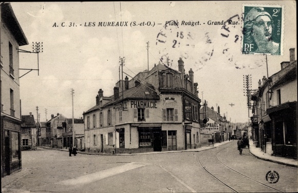 Ak Les Mureaux Yvelines, Place Rouget, Grande Rue, Voies Ferrées, Pharmacie