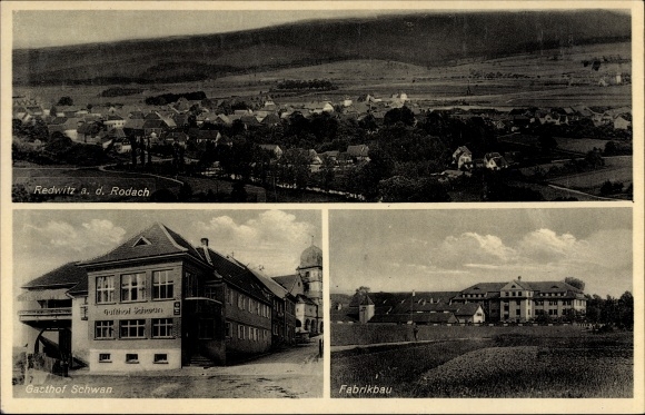 Ak Redwitz Rodach Oberfranken, Gasthof Schwan, Fabrikbau, Totalansicht